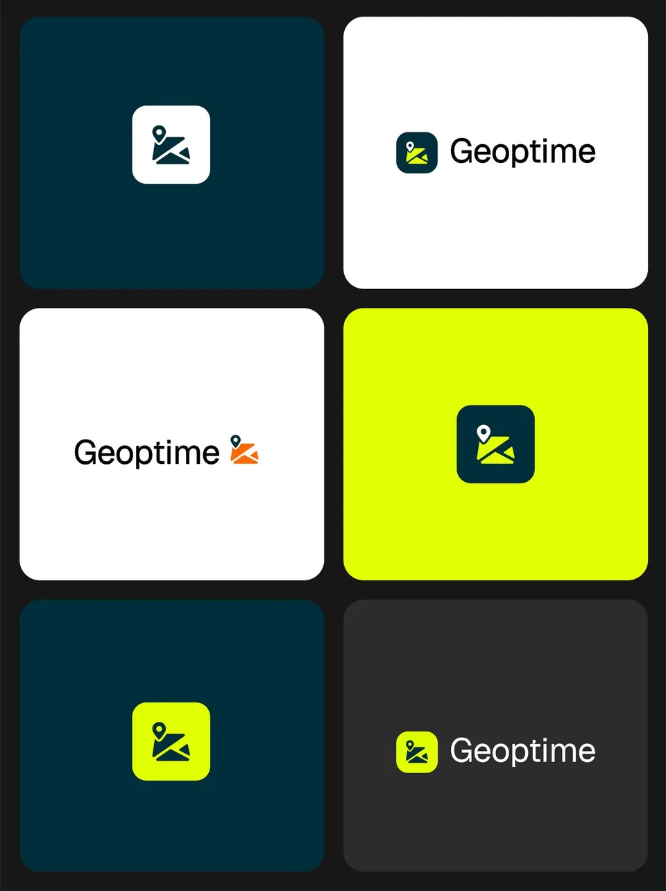 Déclinaisons du logo Geoptime sur fonds sombre, blanc et lime
