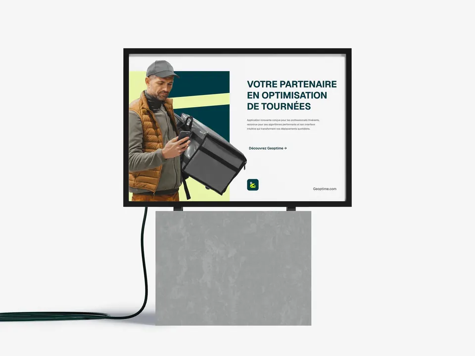 Affichage extérieur Geoptime — « Votre partenaire en optimisation de tournées »