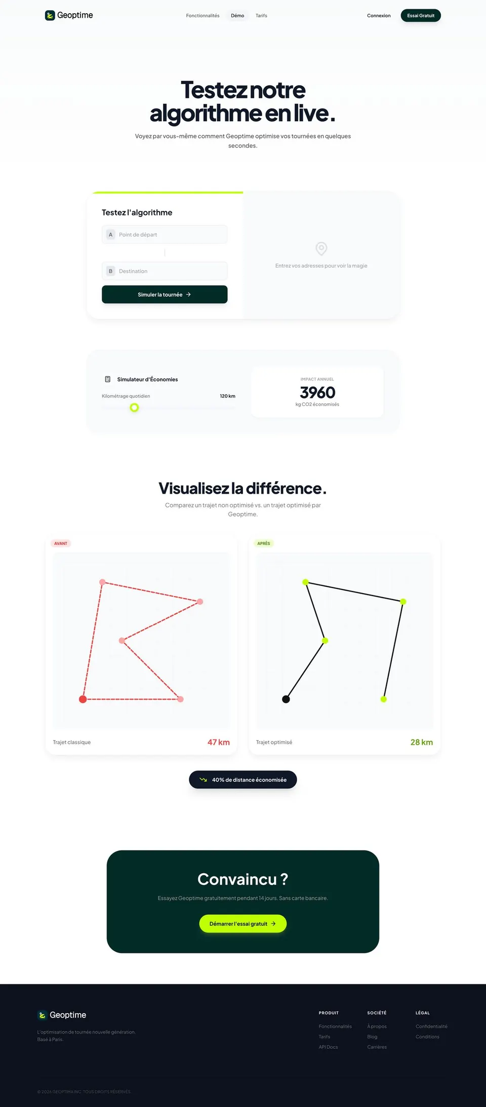 Page « Testez notre algorithme en live » du site Geoptime, avec comparaison de trajets