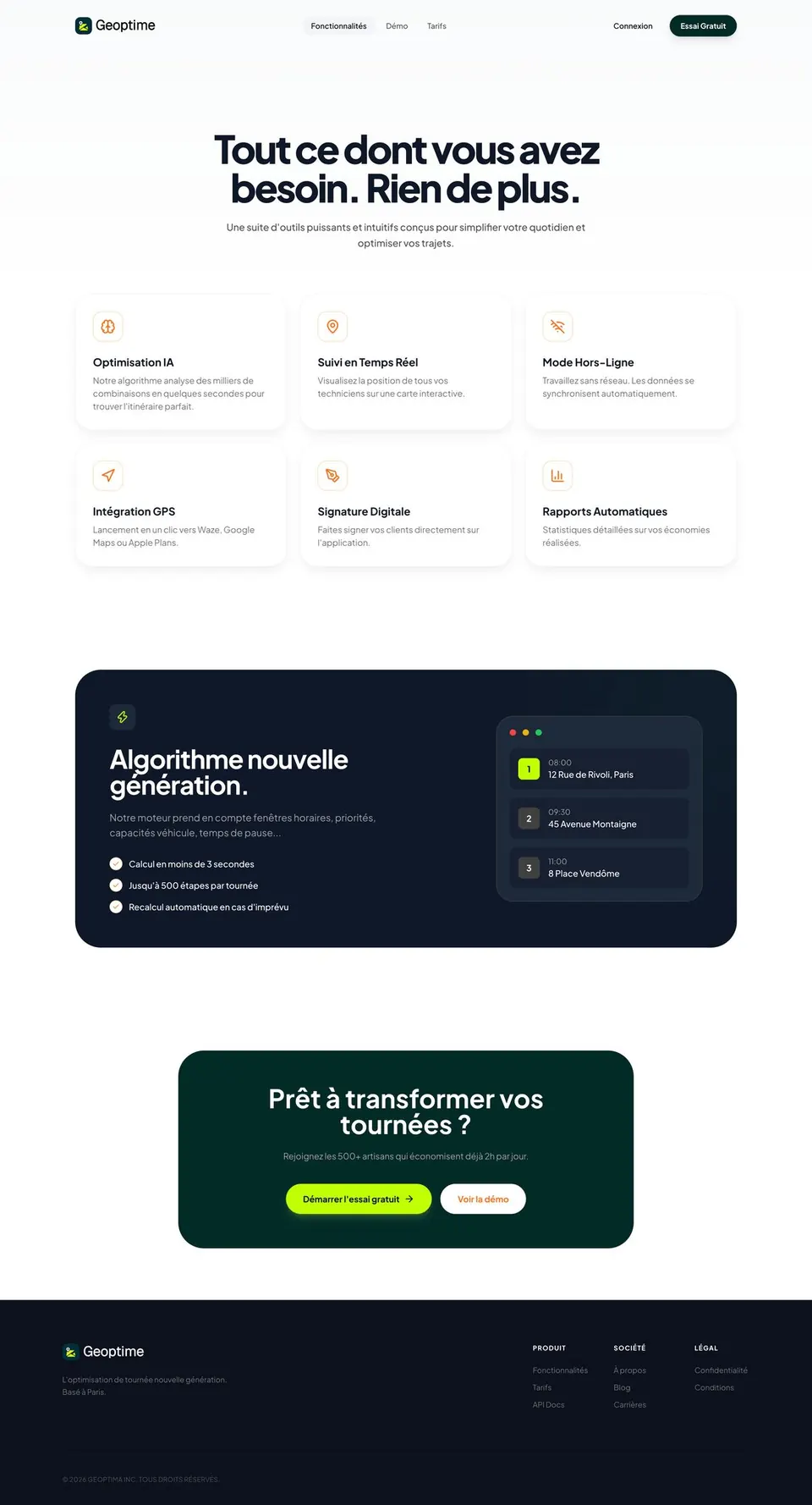 Page fonctionnalités du site Geoptime
