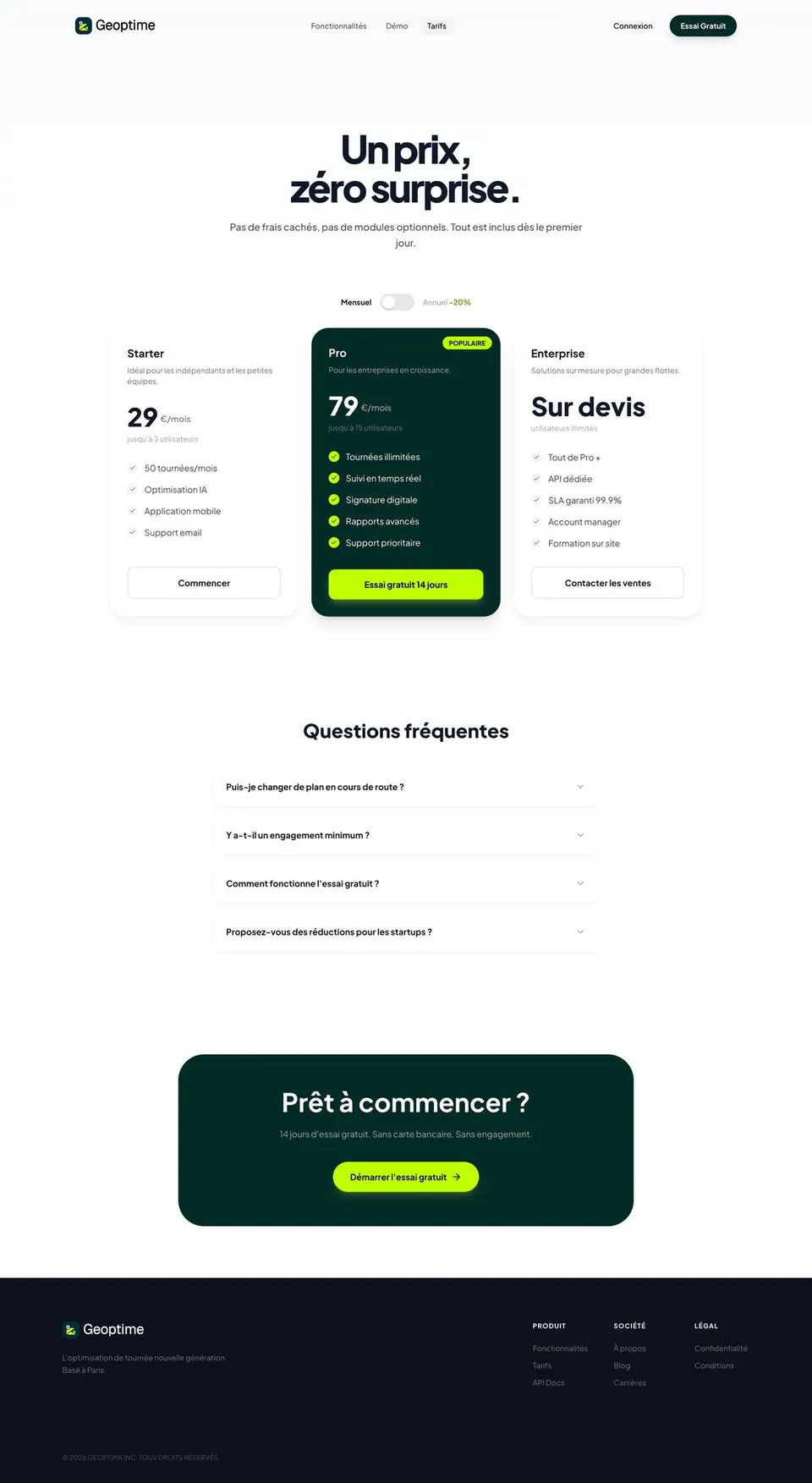 Page tarifs du site Geoptime — « Un prix, zéro surprise »